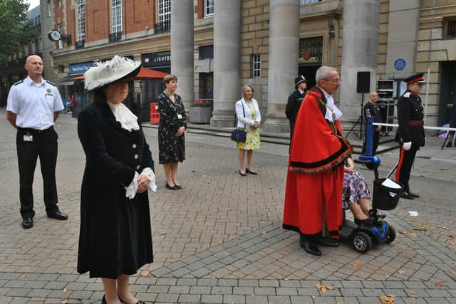999 flag raising ceremony outside the Town Hall with Mayor of Peterborough Steve Lane EMN-210909-153351009