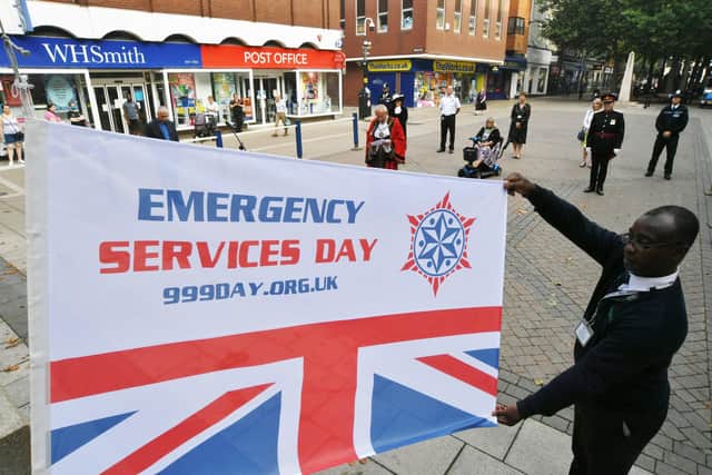 Emergency Service Day flag raising ceremony outside the Town Hall with Mayor of Peterborough Steve Lane EMN-210909-153329009