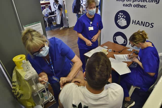 Vaccination centre at the Peterborough United stadium. EMN-210627-085721009