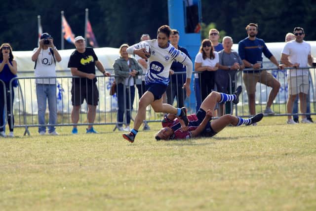 Vincent Mannese on his way tp a try for Peterborough Lions against Kettering. Photo: Mick Sutterby.