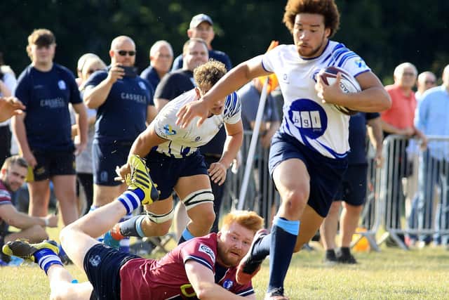 Michael Klely-Goburwang scoring one of his two tries against Kettering. Photo: Mick Sutterby.