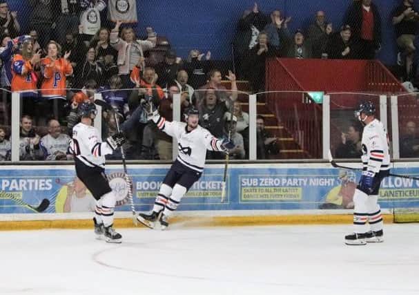 Phantoms celebrate a goal for Glenn Billing at Planet Ice last weekend. Photo: Kevin Bennett.