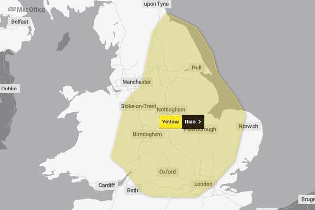 A map of the area covered by the yellow weather warning for rain.