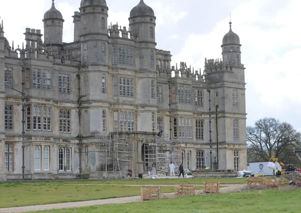 Warner Bros setting up outside Burghley House in April.