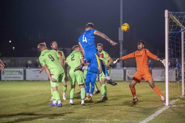 Ryan Fryatt scores for Peterborough Sports against Tamworth. Photo: James Richardson.