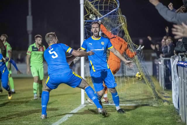 Ryan Fryatt celebrates his goal for Peterborough Sports against Tamworth. Photo: James Richardson.