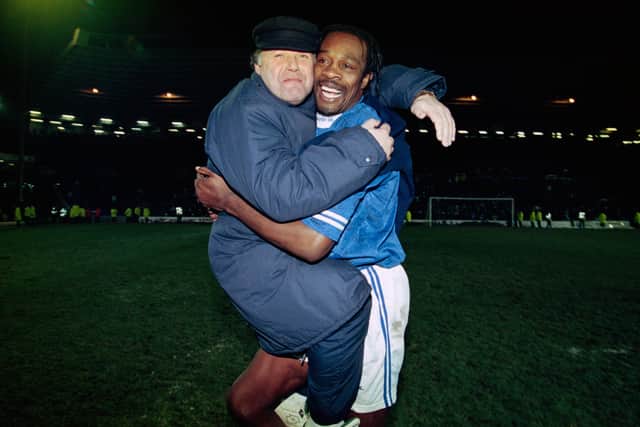 Barry Fry celebrates with his record Birmingham City signing Kevin Francis. Photo: Getty Images.