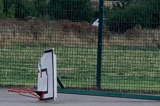 A vandalised basketball hoop at Cardea MUGA.