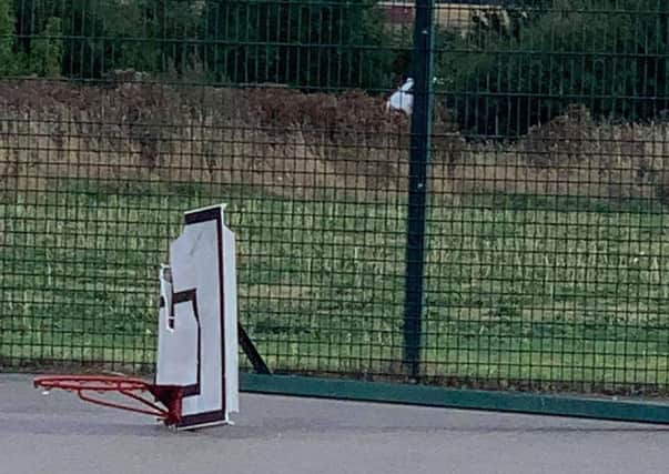 A vandalised basketball hoop at Cardea MUGA.