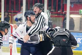 An altercation during the Phantoms v MK cup match at Planet Ice involving the city side's Tom Norton (left). Photo: Matt Sludds