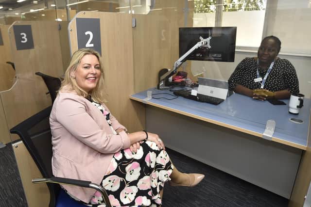Opening of the new Job Centre at Northminster House, Peterborough by Employment Minister Mims Davis pictured with work coach Olutola in June. EMN-210616-160109009
