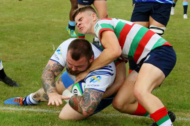 Ben Wilkinson scores a try for Peterborough Lions at Lutterworth. Photo: Mick Sutterby.