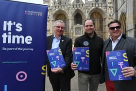 Launching the BID ballot, from left, Mark Broadhead, chair of Peterborough Positive, Gareth Norman and Dave Cramp.