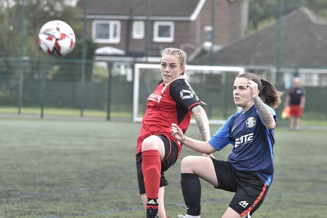 Ladies football action from Netherton United (red) v Cardea at the Grange. Photo: David Lowndes.