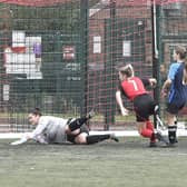 Action from Netherton United Ladies (red) v Cardea at the Grange. Photo: David Lowndes.