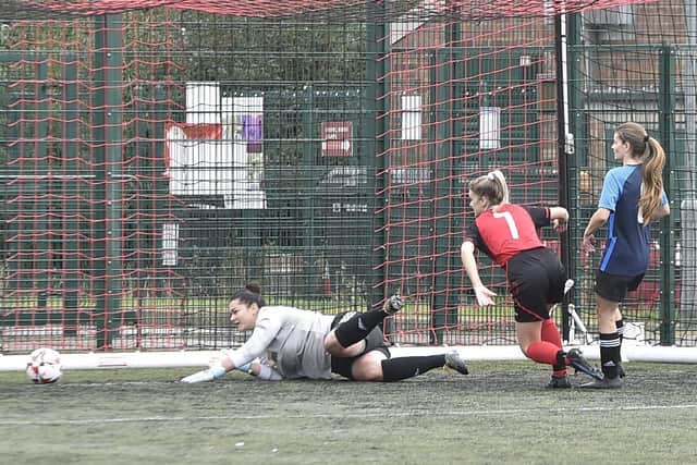 Action from Netherton United Ladies (red) v Cardea at the Grange. Photo: David Lowndes.