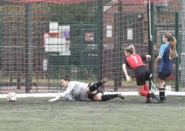 Action from Netherton United Ladies (red) v Cardea at the Grange. Photo: David Lowndes.