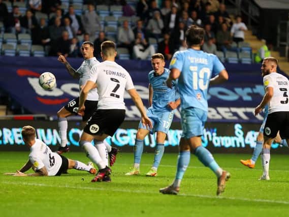 Viktor Gyokeres fires home Coventry's third goal, via a deflection off Frankie Kent
