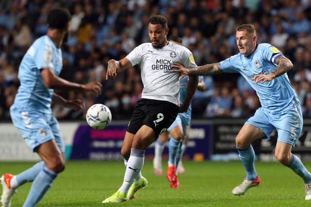 Jonson Clarke-Harris in action in the defeat at Coventry City last month. Photo: Joe Dent/theposh.com.