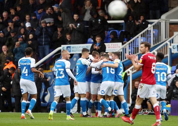 Posh celebrate  a goal against Bristol City. Photo: Joe Dent/theposh.com.