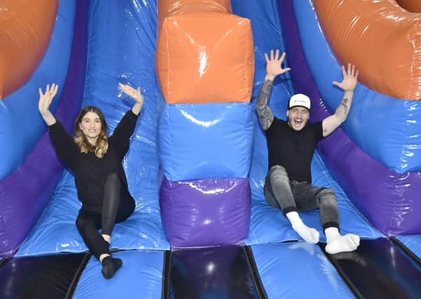 Inflata Nation launch at PE1 , Eye Road, Peterborough. Emmerdale stars  Charley Webb and Matthew Wolfenden EMN-200118-125812009