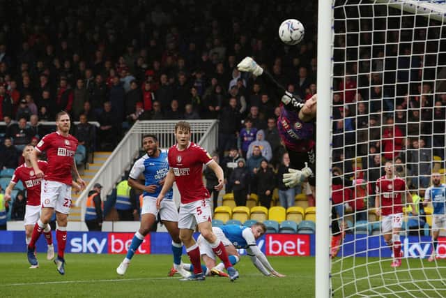 Sammie Szmodics (kneeling) scores for Posh against Bristol City last weekend. Photo: Joe Dent/theposh.com.
