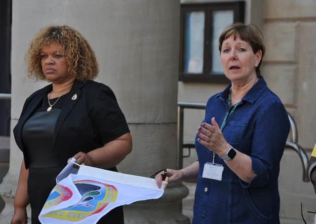 National Windrush Day celebration and flag flying at Bridge Street, Peterborough. Organiser Julia Davidson (left) with Peterborough City Counnil CEO Gillian Beasley (right).