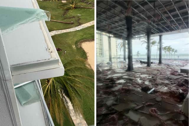 Photos of the hurricane damage: View of damage taken from the family's hotel balcony, left, and destruction of another part of the hotel, right.
