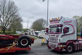 Queues of lorries arriving for Truckfest build up in the roads leading to the East of England Showground