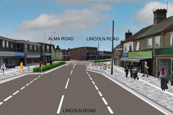 This image shows the view looking south for the Option 2 for the transformation of the Lincoln Road area of Peterborough.