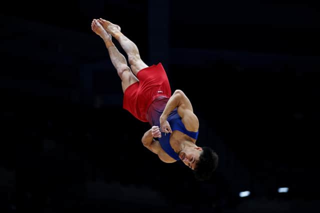 Jake Jarman during his gold medal floor routine at the British Championships. Photo by Naomi Baker/Getty Images.