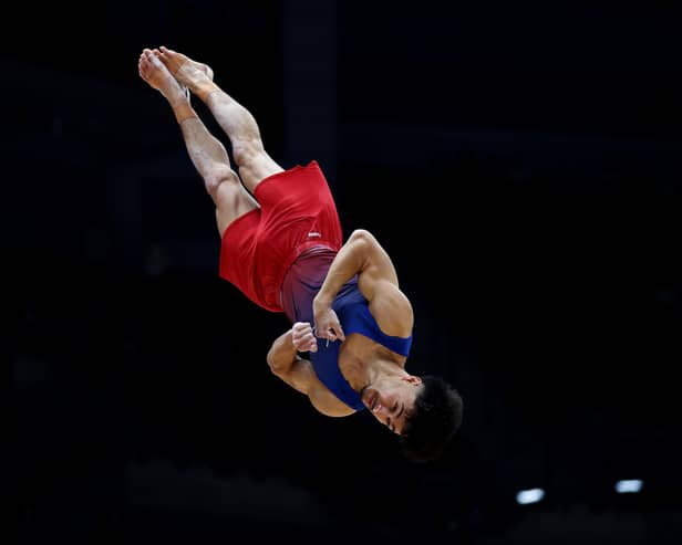 Jake Jarman during his gold medal floor routine at the British Championships. Photo by Naomi Baker/Getty Images.