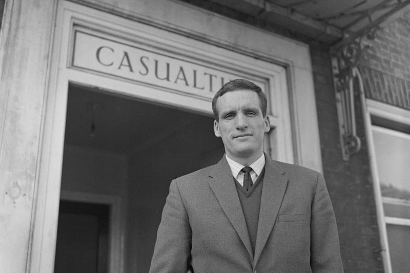 Former Posh captain Vic Crowe is pictured leaving hospital after recovering from injury on 9th March 1965.