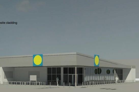 This image shows the entrance to the proposed Lidl store at The Boulevard, Hampton, Peterborough