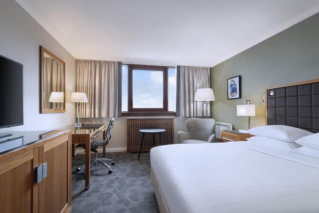 A deluxe room with a sea view at Delta Hotels by Marriott Swansea.