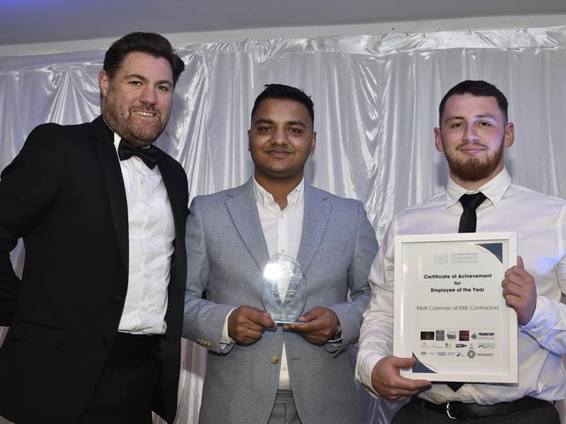Employee of the year award: Sponsor Tom Hennessy, CEO of Opportunity Peterborough, with Subash Kadel and Matt Coleman