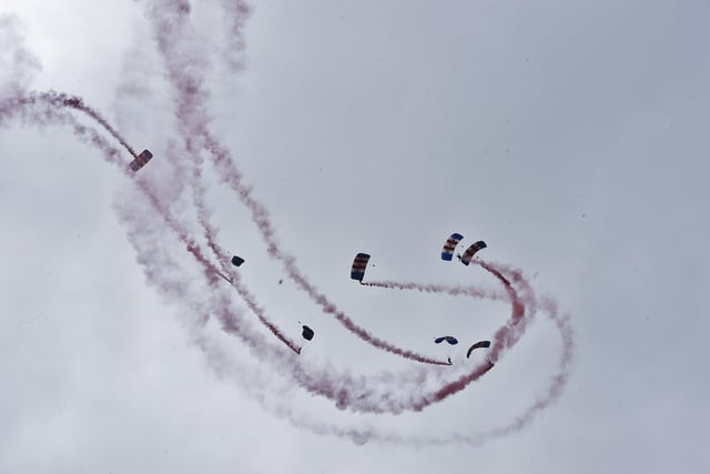 The RAF Falcons parachute display team.