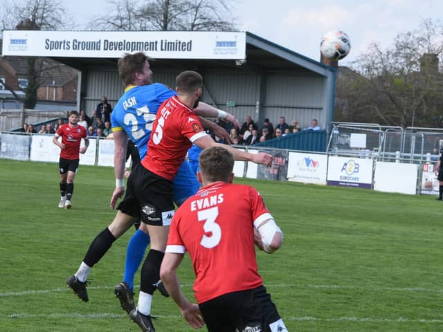 Michael Gash heads for goal against Hereford. Photo: David Lowndes.