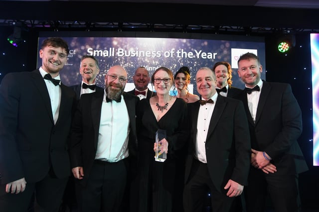 Peterborough Telegraph Business Excellence Awards 2023's guest speaker James Ketchell with sponsor Ashley Killingsworth and Small Business of the Year winners GH Displays