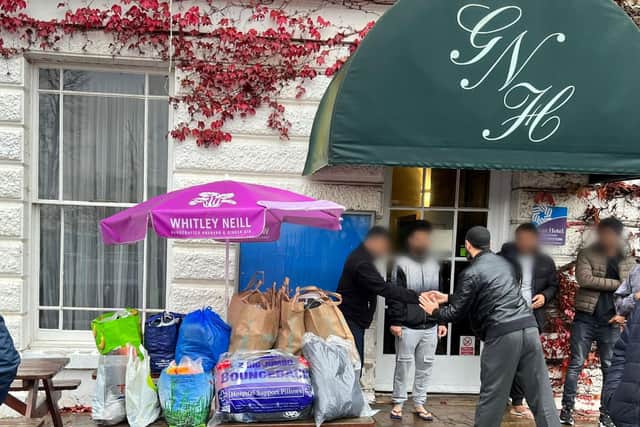 Supplies of clothing brought to the Great Northern Hotel in Peterborough to help a group of asylum seekers placed in the hotel.