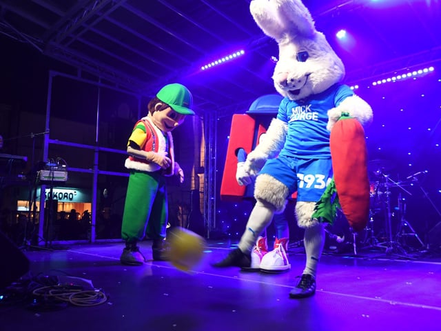 Switching on of the Christmas lights 2023 at Peterborough Cathedral Square. The Posh mascots