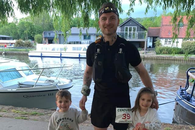 Del Dunworth met his two children - Arlo, 3, and Myla, 4 - at the finish line.