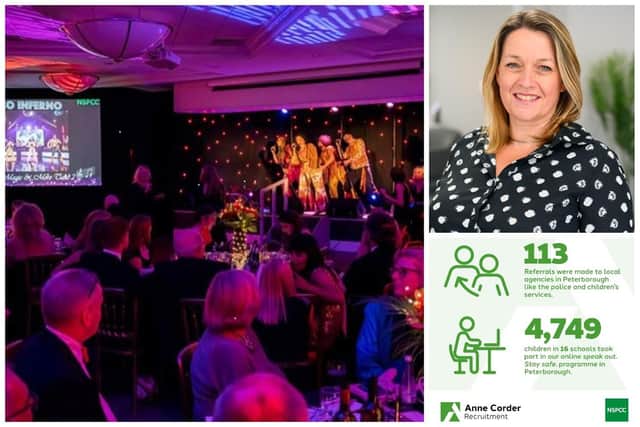Guests at a previous Peterborough NSPPC fund raiser, left; NSPCC Peterborough statistics, below right; and Nel Woolcott, managing director of Anne Corder Recruitment.
