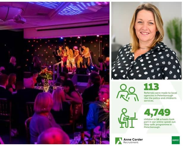 Guests at a previous Peterborough NSPPC fund raiser, left; NSPCC Peterborough statistics, below right; and Nel Woolcott, managing director of Anne Corder Recruitment.