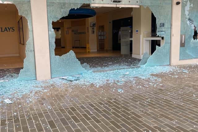The front of the damaged Barclays Bank premises in Cathedral Square.