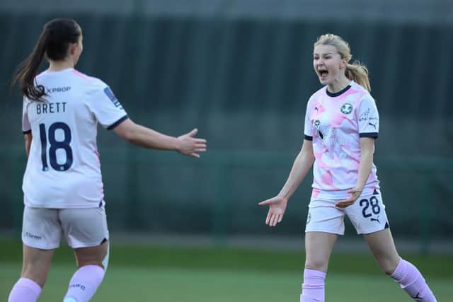 Frankie Pim (right) celebrates her first Posh goal at Sutton Coldfield. Photo: Darren Wiles