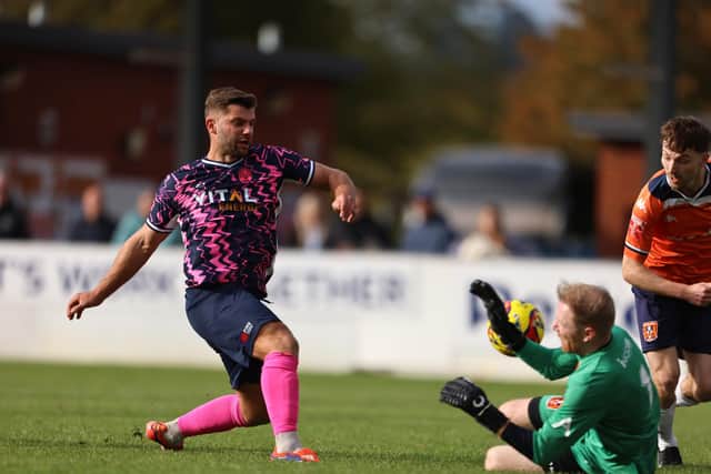 Michael Richens scores for Peterborough Sports at Stratford Town. Photo Darren Wiles.