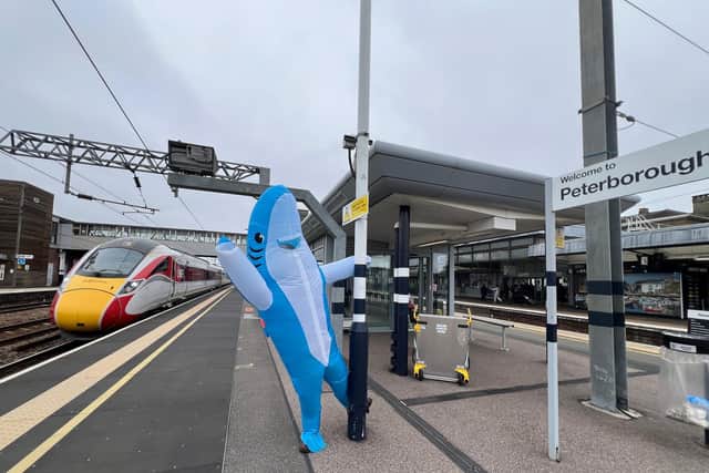 Finny The Shark arrives in Peterborough
