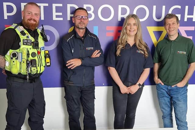 The staff of Peterborough Positive, from, left, PC Jay Cullimore, Terry Alton, city centre ambassador, Terri Flack, marketing manager and Pep Cipriano, chief operating officer