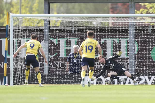Mark Harris opens the scoring for Oxford against Posh from the penalty spot. Photo Joe Dent/theposh.com/